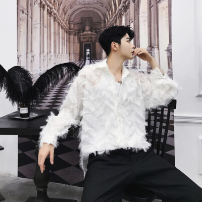 Mens Tassels Fringes Feather Look Long Sleeve Shirt Casual Oversize Blouse  Tops | eBay