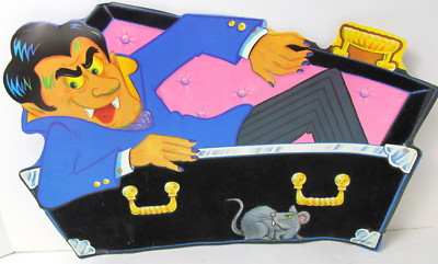 Vtg Halloween Dracula Vampire In Coffin Rat Die Cut Eureka USA Felted Flocked C5