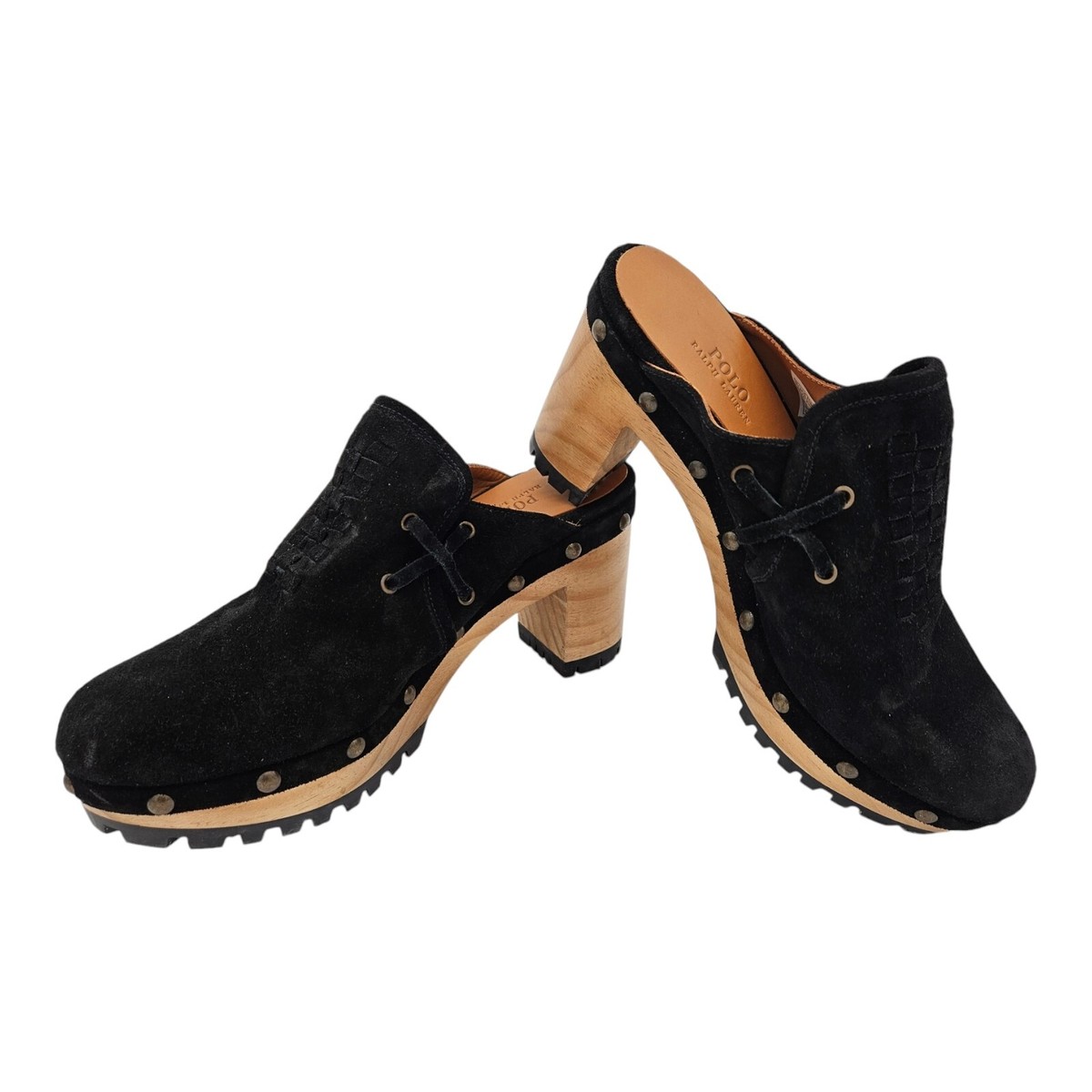 LAUREN RALPH LAUREN ブラックミュール POLO RALPH LAUREN Genuine Calf Suede Mule Clog Platform Heels
