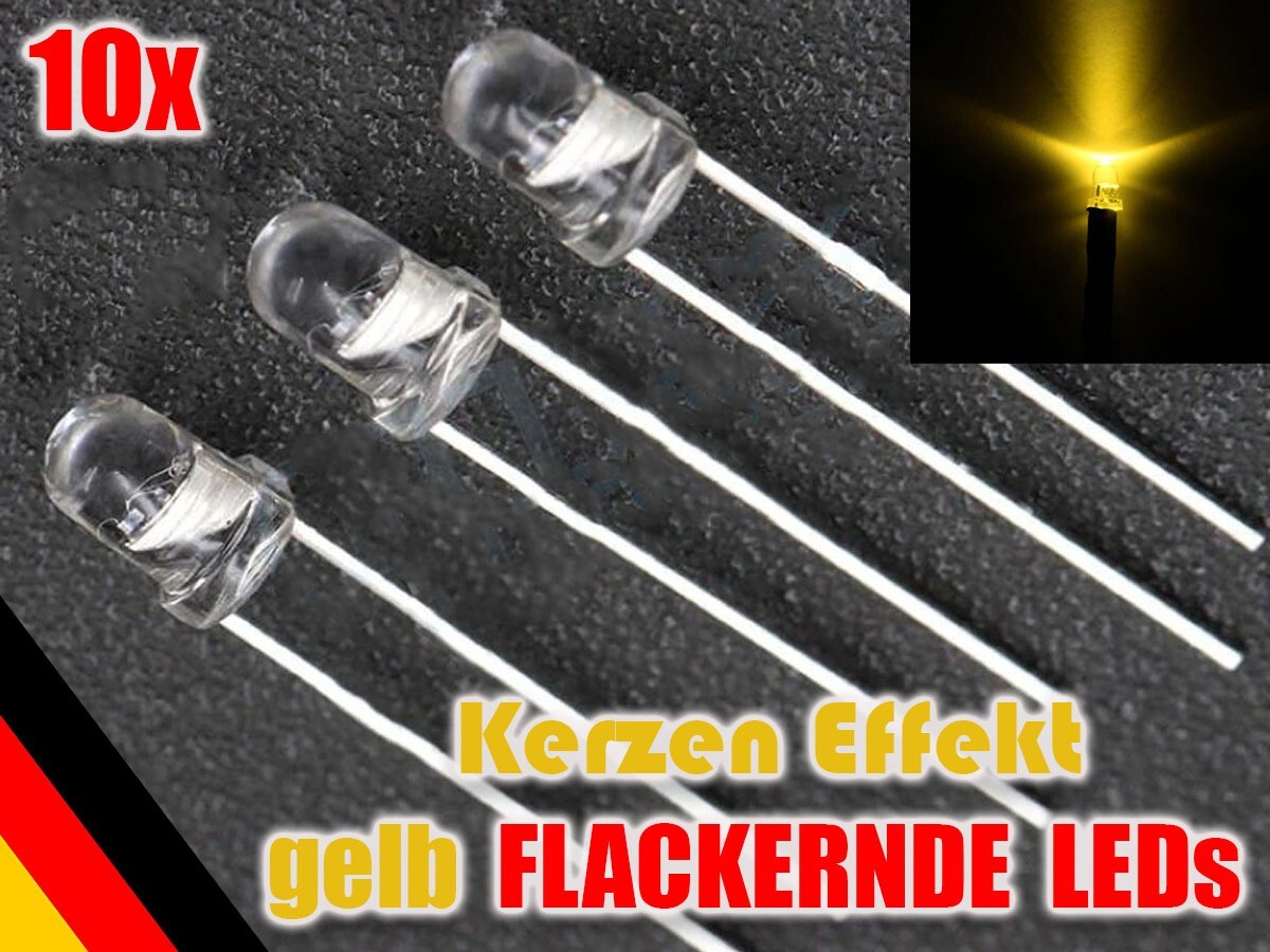 10 Stück Flacker LED 3mm gelb Flackerlicht für Lagerfeuer Feuer Kerzen LEDs