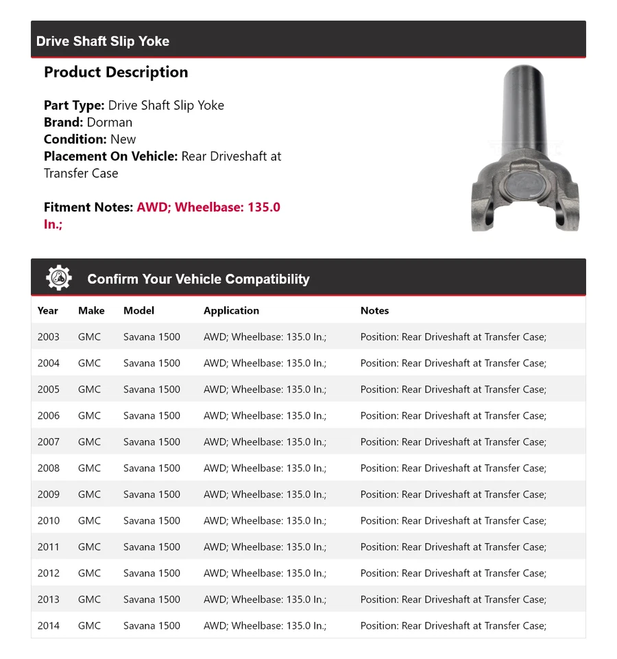 Yugo deslizante de eje de transmisión Dorman AWD 2004 2005 2006 para GMC Savana 1500 2003-2014 AWD Foto 2 de 4