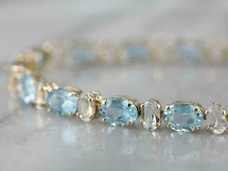 9ct Oval Simulated Aquamarine Women's Tennis Bracelet 14k Yellow Gold Plated - Image 2 of 4