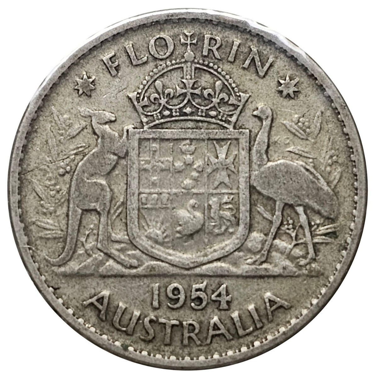 1954 Australia 1 Florin Silver Coin Kangaroo & Emu QEII KM# 54