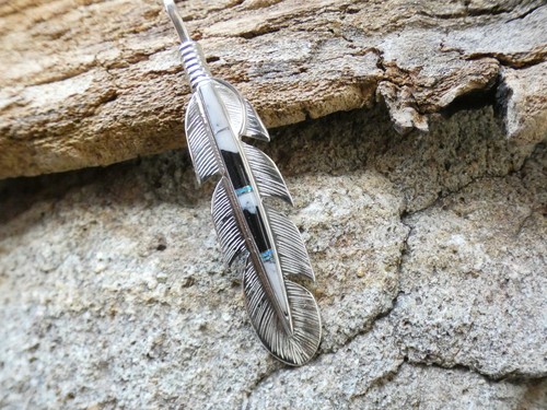 Buffalo Turquoise Handmade Feather Sterling Silver Gemstone Pendant XL Size AN4 - Picture 2 of 9