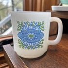 Vintage Glasbake Stackable Milkglass Mug Cornflower Blue & Green Flower Unmarked