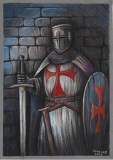 chevalier templier avec armure, tableau original A4 oeuvre or acrylique