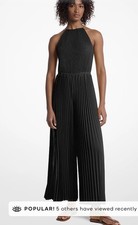 NWT Michael Kors Embellished Pleated Georgette Halter Jumpsuit Lined Black SZ M