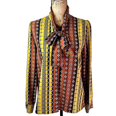 Vicolo Women's Multicolor Geometric Print Long Sleeve Neck Bow Blouse Sz M