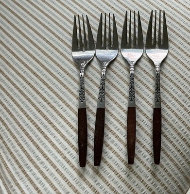 Interpur INR2 Stainless 4 Salad Forks- Brown Synthetic Wood Handle Flatware - 7''