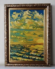 Mini Framed Seascape Golden Sunset Clouds Over Sea 4x6 in Original oil painting