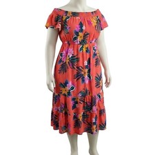 Old Navy Midi Dress Size M Coral Blue Yellow Floral Waist Defined Off Shoulders