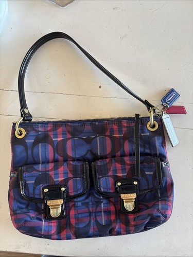 Coach Poppy Tartan Shoulder Bag Tote 21622 Signature C Logo Blue/Pink