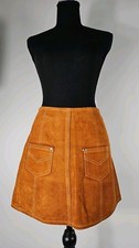 NOS 60s 70s Women's Orange/Brown Suede A-Line Mini Skirt Talon Zip Boho Western