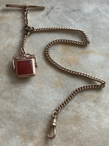 12K GOLD FILLED ALBERT POCKET WATCH CHAIN WITH CARNELIAN AGATE FOB 20.0 GRAMS