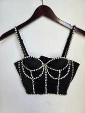 Rhinestone Corset Small Bone Black Satin Cosette Goth Kaylee Kollection Y2K