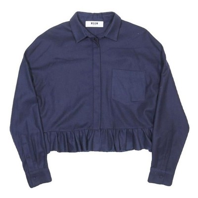MSGM Damen Blau Shirt Langarm Kragen Wolle Rüschensaum M