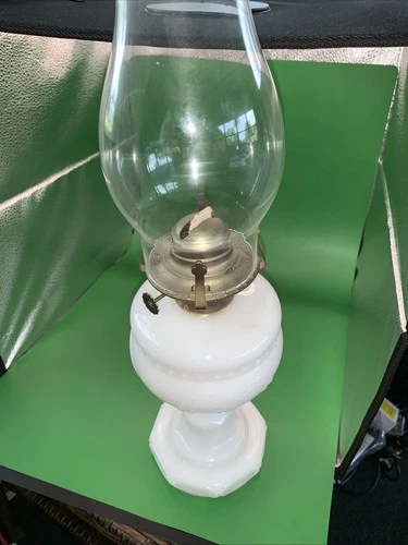 17x5 Inch White Milk Glass Antique Oil Lamp With Brass Lighting And Embellishing