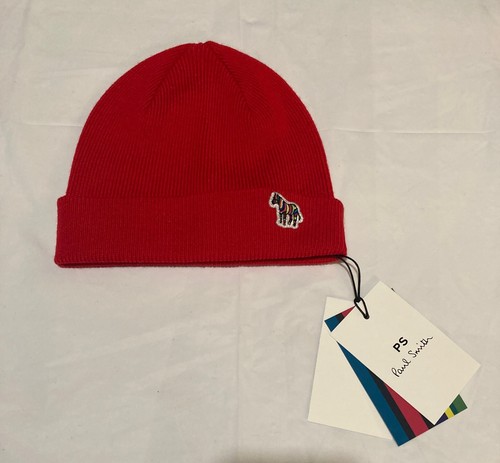 NWT PS Paul Smith Red Zebra Logo Ribbed Beanie Hat Made In UK 100% Lambswool