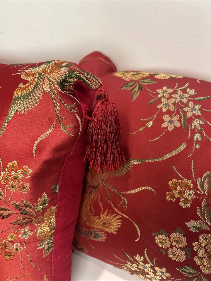 Set 2 Decorative Asian Throw Pillows Red Floral Bird Satin Square 16x16 Tassles - Image 3 of 4