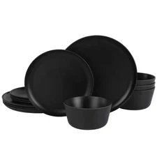 Gibson Home Fairhope 12 Piece Melamine round Dinnerware Set in Matte Black