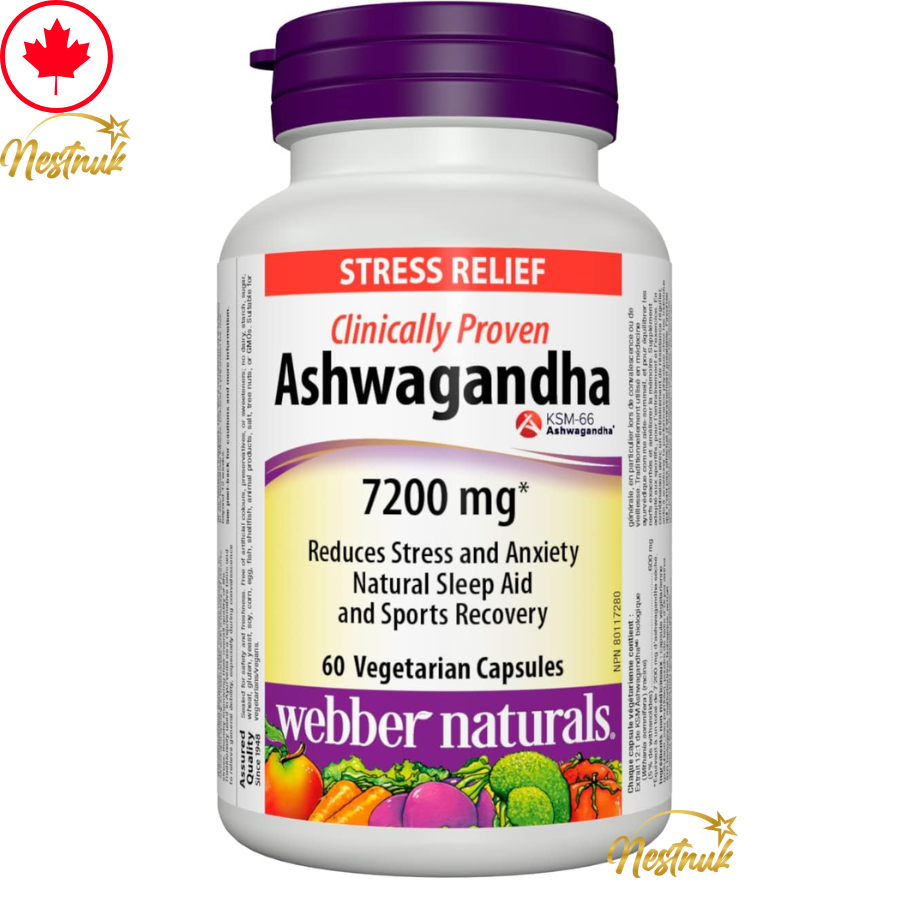 Webber Naturals Ashwagandha 7200mg| KSM-66 |60 Capsules| 1 Bottle |Stress Relief