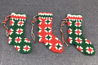 3 Vintage Crocheted Christmas Stockings With Heels Granny Square Handmade MCM