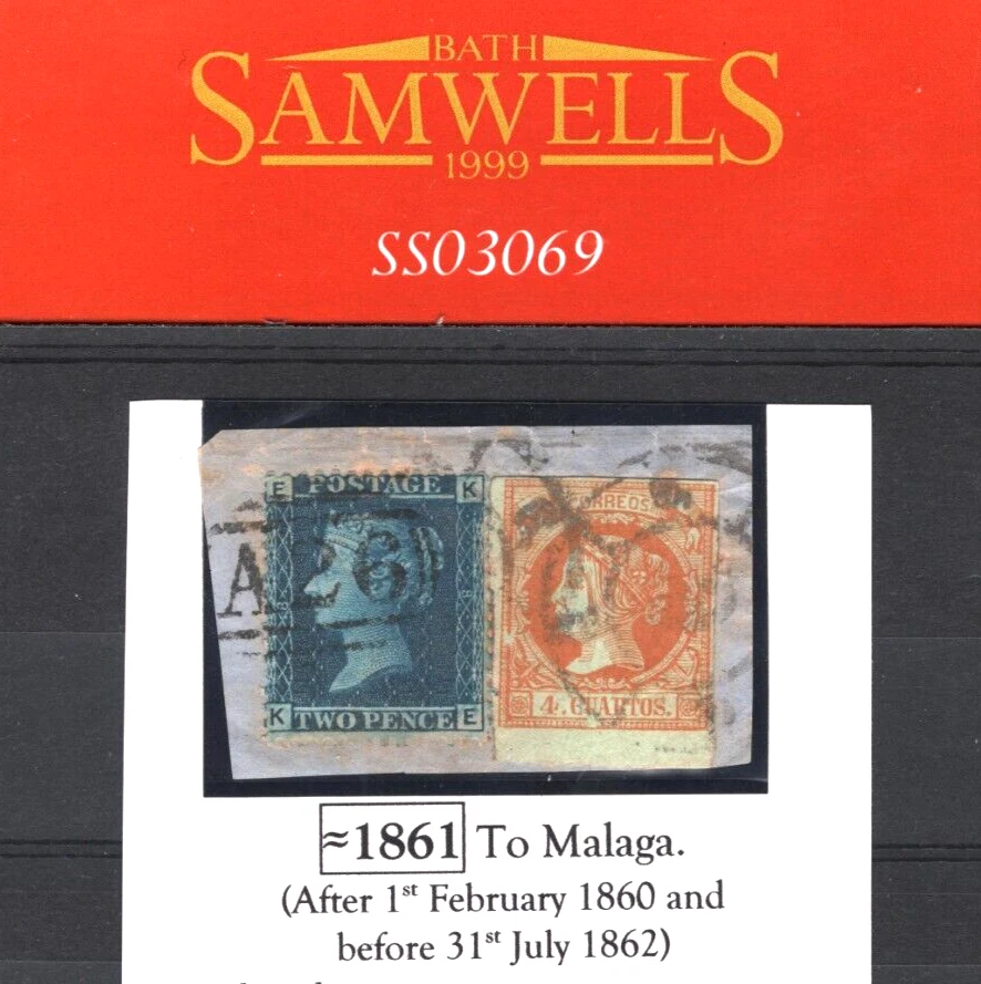 GB USED ABROAD/SPAIN *Mixed Franking* GIBRALTAR 1861 2d Blue/4c Orange SS3069 - Image 2 of 4