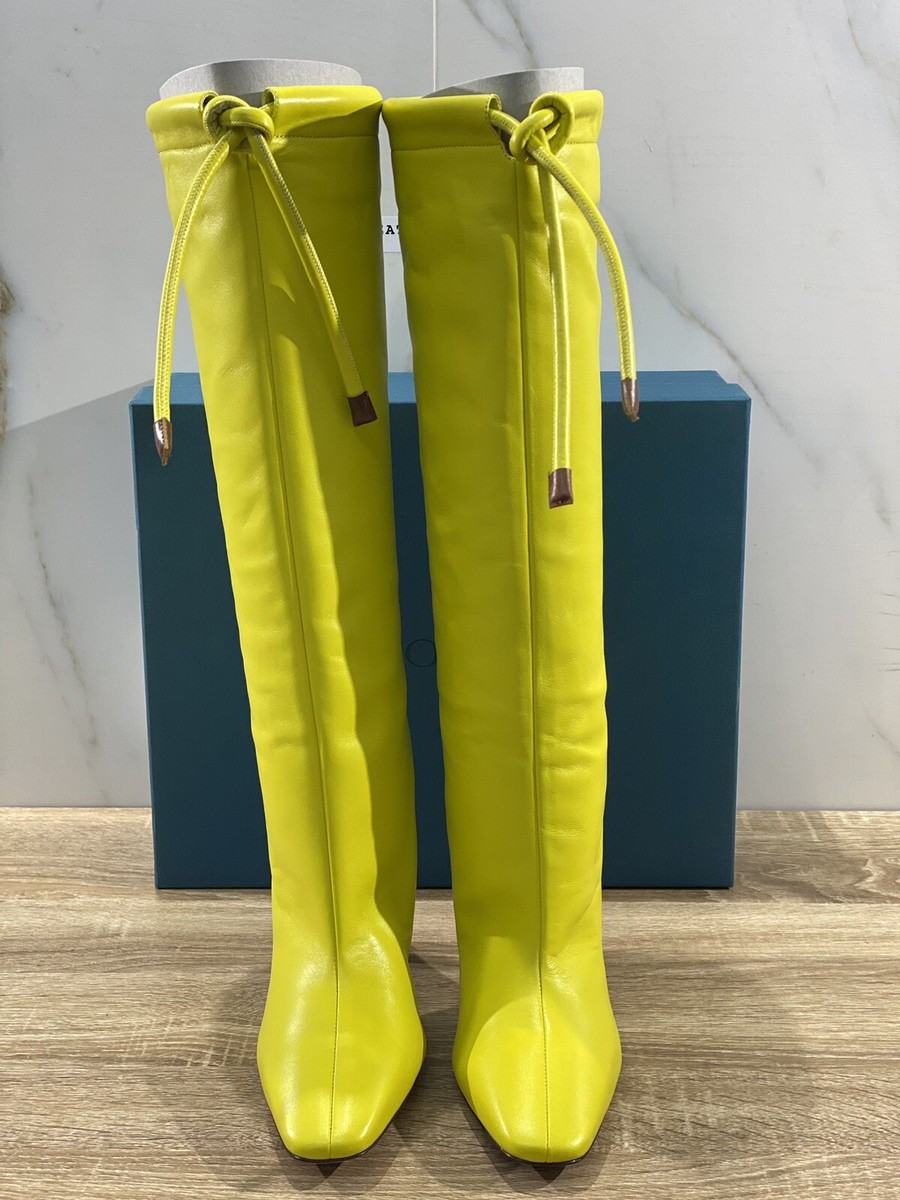 Bottes Femme A. Bocca En Cuir Jaune Citron Taille 38 - Talon Bloc, Bout Carré - Neuf Avec Boîte D'origine - Fabriqué En Italie