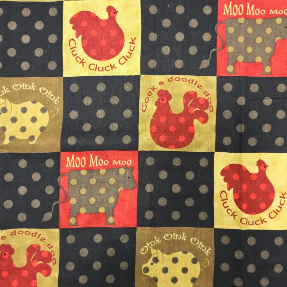 Cotton Fabric 26"x44" Black Red Neutral Tones Chicken Rooster Cow Pig Polka Dots - Image 3 of 4