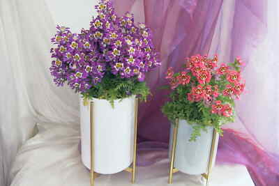 2er Set Übertopf Keramik mit goldem Metallgestell Vase Blumentopf weiß / grau