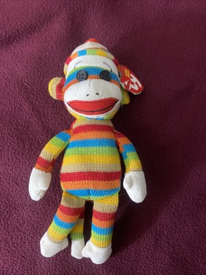 TY SOCKS THE SOCK MONKEY, Rainbow Striped Plush Beanie Retired W/Tag, 8