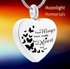 New Your wings were ready Heart Butterfly Urn Ashes Cremation Memorial Necklace