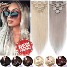 CLEARANCE Clip In Real Remy Human Hair Extensions 8 Pieces Full Head Blonde Grey