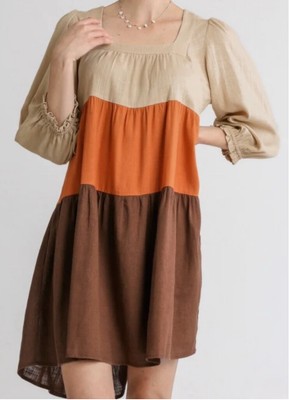 NWOT Women's Umgee Tiered Babydoll Dress Size M Brown Orange Stone Colorblock