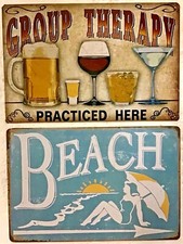 TWO 8x12 TIN SIGNS Funny Group Therapy alcohol beer wine cocktails shots beach