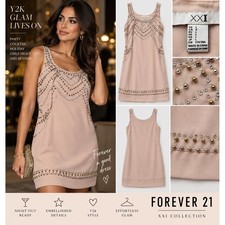 Forever 21 XXI Blush Pink Rhinestone Beaded Y2K Party Mini Shift Dress Womens L