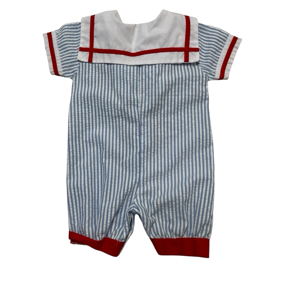 Mameluco Vintage Bebé Talla 6/9 Meses Azul Rayas Seersucker Marinero Traje Náutico Foto 2 de 4