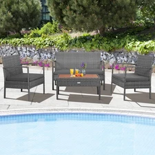 4 PCS Patio Rattan Furniture Set Cushioned Chair Wooden Tabletop Gray