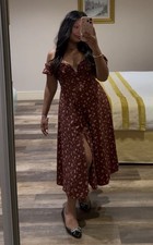 House Of CB Lauren Wine Red Floral Corset Off Shoulder Slit Leg Midi Dress LARGE