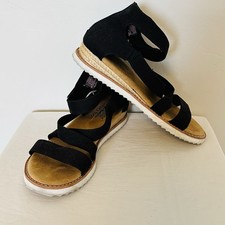 Skechers Bobs Sz 7.5 Sandals Desert Kiss Night Ankle Strap Black Canvas Wedge