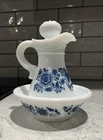 Vintage Avon White Milk Glass Pitcher Stopper & Bowl Dark Blue Floral Design