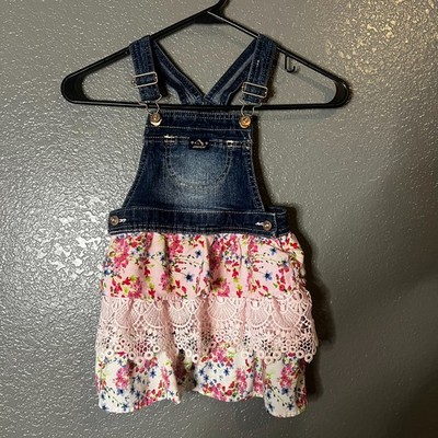 Jordache Little Girl's Overall Dress 4T Tiered Ruffle Lace Skirt Pink Floral