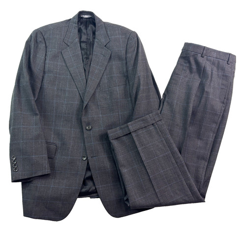 Bill Blass, vtg 90s Bill Blass Platinum 43R 38x30 2pc Pant Suit Charcoal Windowpane Italy
