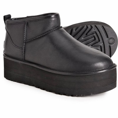 New NIB Women's Ugg Black Ultra Mini Black Calf Leather Platform