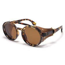 Polarized Round Steampunk Sunglasses with Leather Side Double Bridge Shield