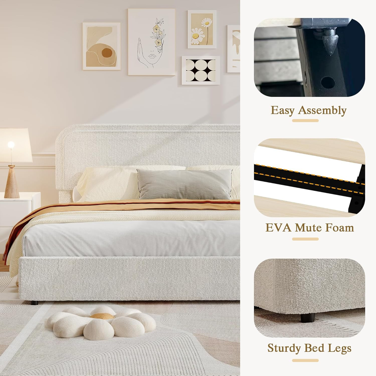 Modern Beige Upholstered Bed Frame with Storage Drawers & Easy Assembly