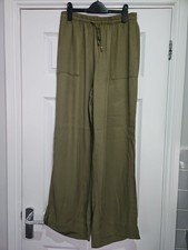 H & M Green Wide Leg Trousers 10-12 UK Elasticated Waist Pockets Smart Casual