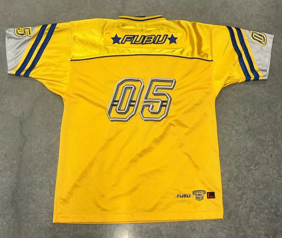 Camiseta deportiva Y2k 2005 Fubu azul marino amarillo estilo callejero para hombre talla L Foto 3 de 3