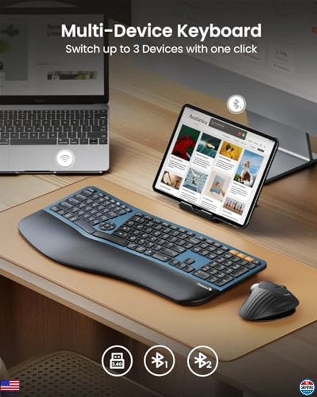 Backlit Bluetooth Ergonomic Split Keyboard, Full Size, USB, Rechargeable, - Image 3 of 4