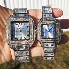 Two Tone Luxury Iced Square CZ Metal Band Dress Bling Couple Watch Set Gift